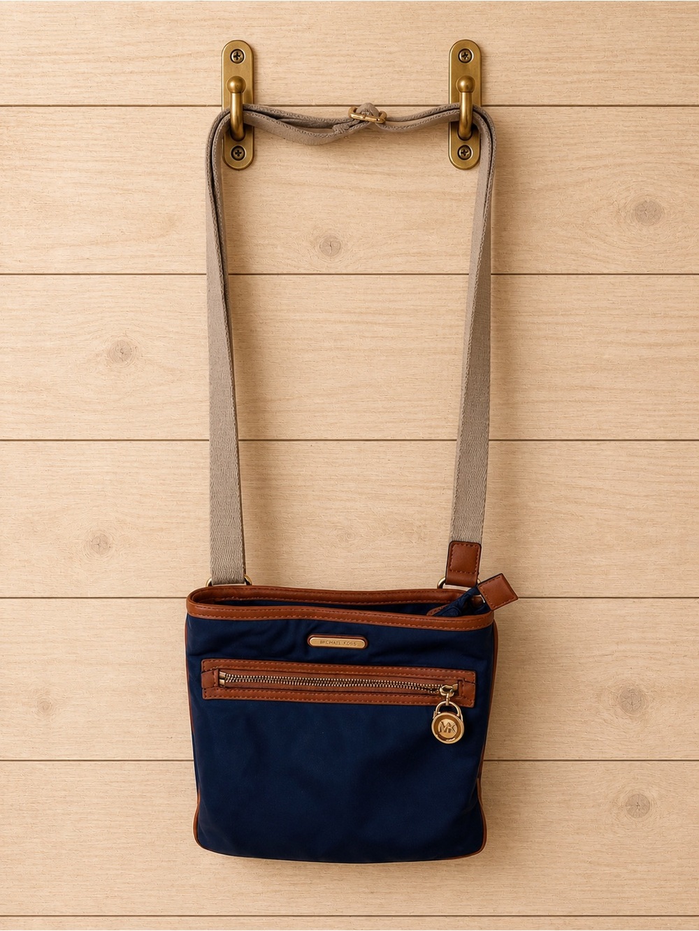 Michael Kors Navy Nylon Crossbody Bag Brown Trim Adjustable Strap